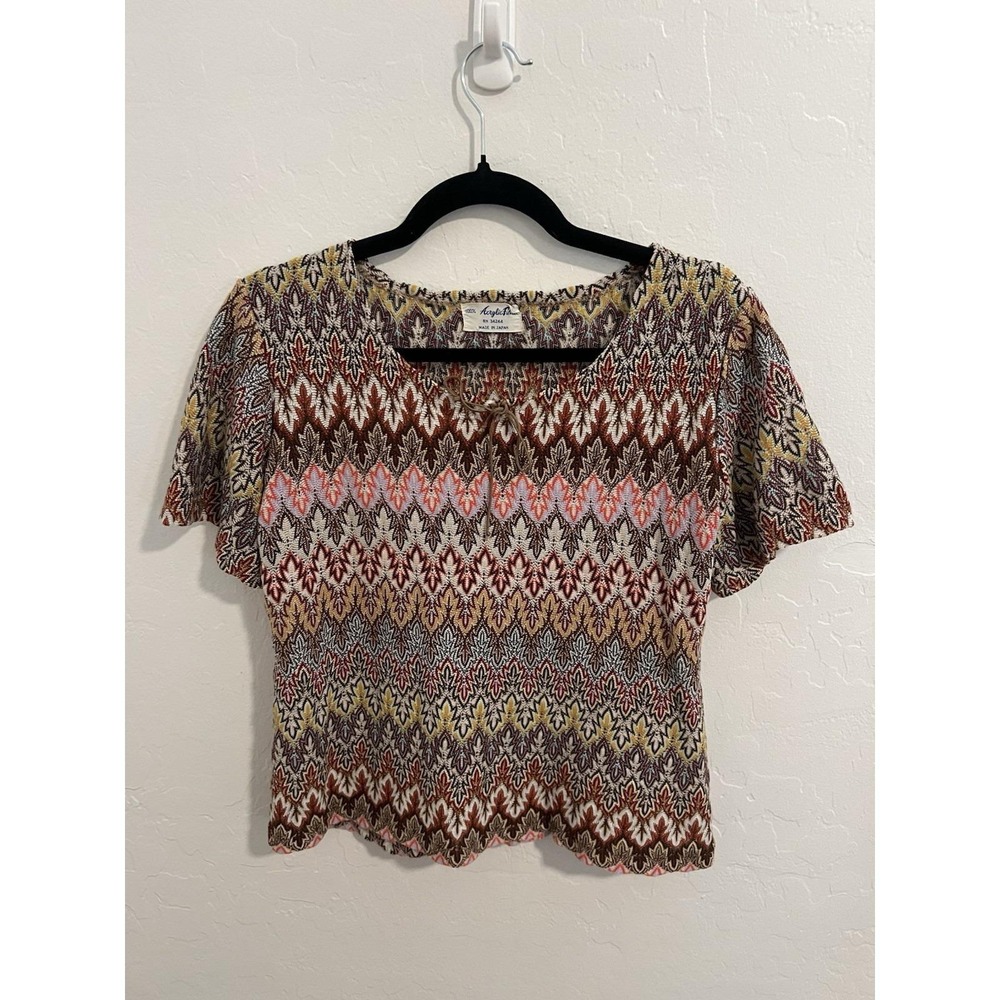 Vtg Knit Short Sleeve Shirt Multicolor Small Crochet Retro 70s Boho